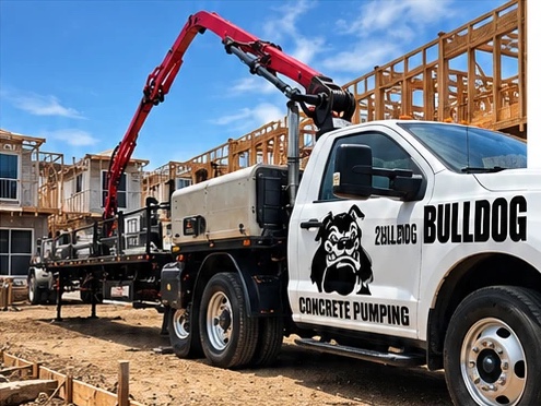 Bulldog Concrete Pumping truck with boom raised at a framing site